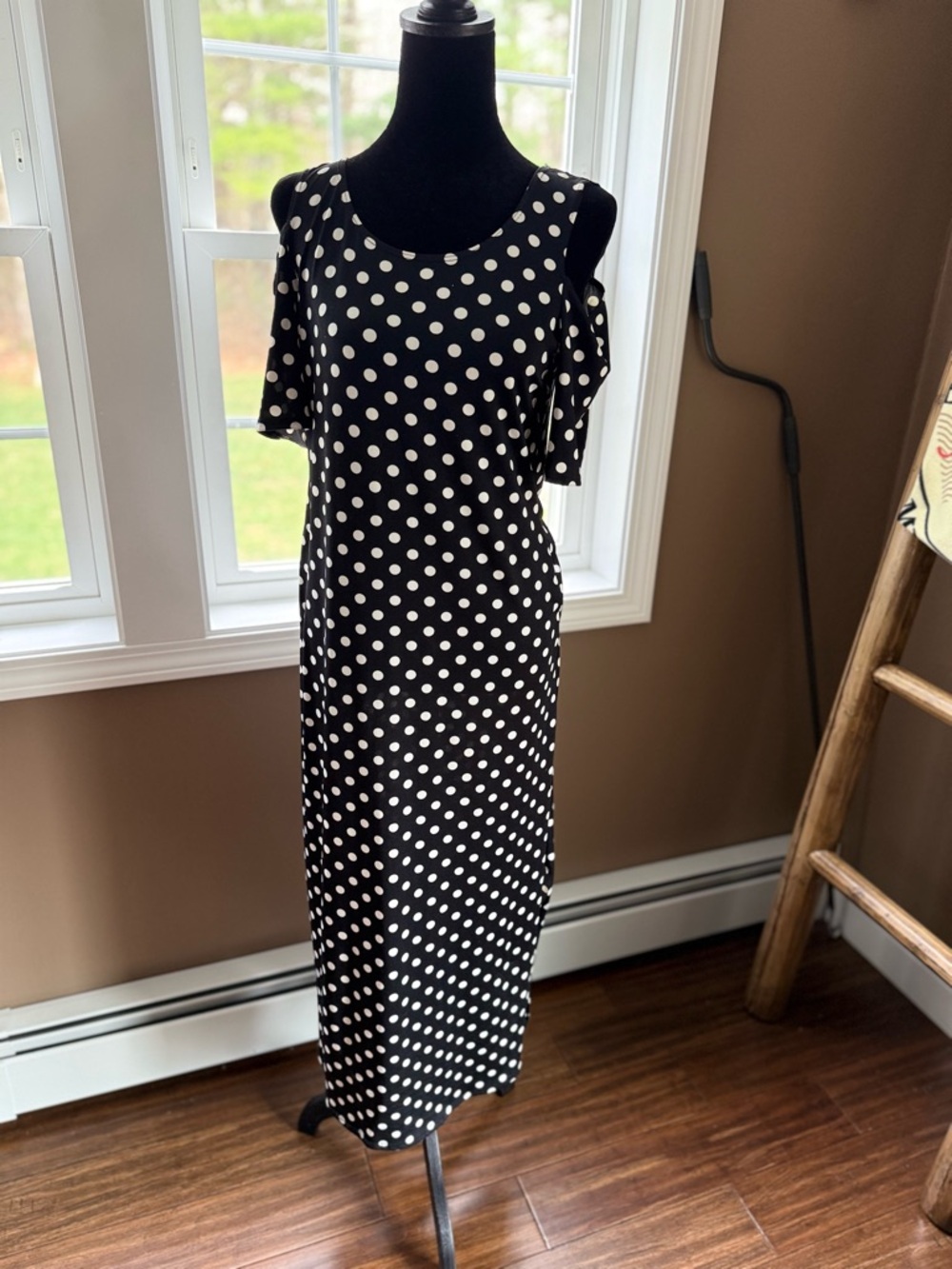 Tiana B. Black and White Polka Dot Maxi Dress with Scoop Neck